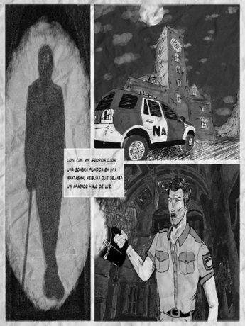Viñeta: una sombra enorme, un coche de policía y un agente con una linterna